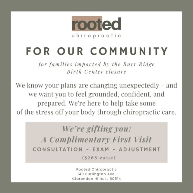 The Burr Ridge Birth Center closure has left so many families navigating an unexpected change at one of the most important seasons of their lives — and we want to show up for them.

If your birth plans changed with the closure, we’re gifting a complimentary first visit from now until May 31st — consultation, examination, and first adjustment — no strings attached. Just our way of helping take some of the stress off your body so you can feel grounded and prepared for birth.

Book through the link in our bio. 🔗 
* Make sure to mention this post when you’re scheduling so we can apply the discount for you * 

And if you’re a provider or educator with classes or programming that has been displaced by the closure — please reach out too. We’d love to see how we can support you and the families you serve.

Your body is capable. We’re here. 
- Dr. Lauren, Dr. Weston & Dr. Katrina